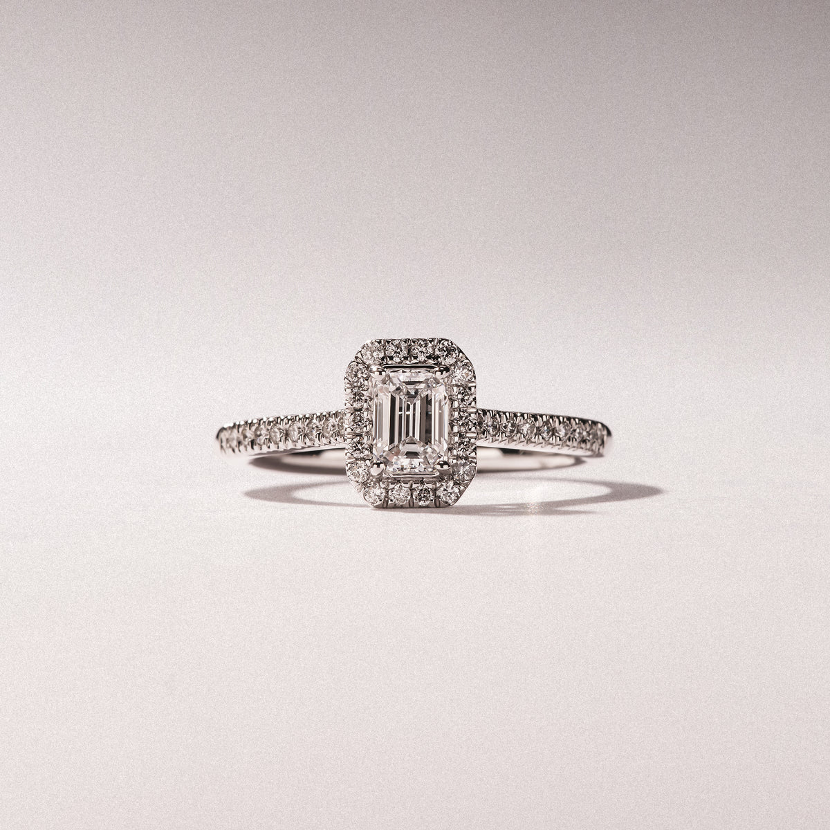 Lumia Cut Emerald Cut Lab Diamond Halo Ring 0.70ct F/VS in 9K Gold