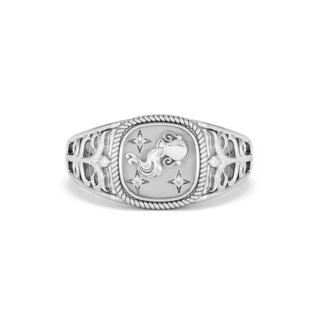 Aquarius Zodiac 0.01ct Lab Diamond Signet Ring in Silver