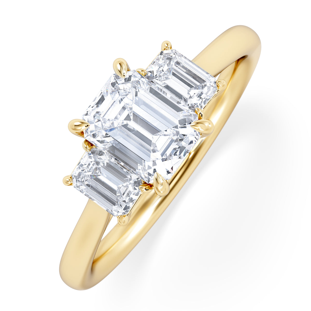 Evoke 1.00ct Emerald Cut Lab Diamond 3 Stone Ring in 9K Yellow Gold