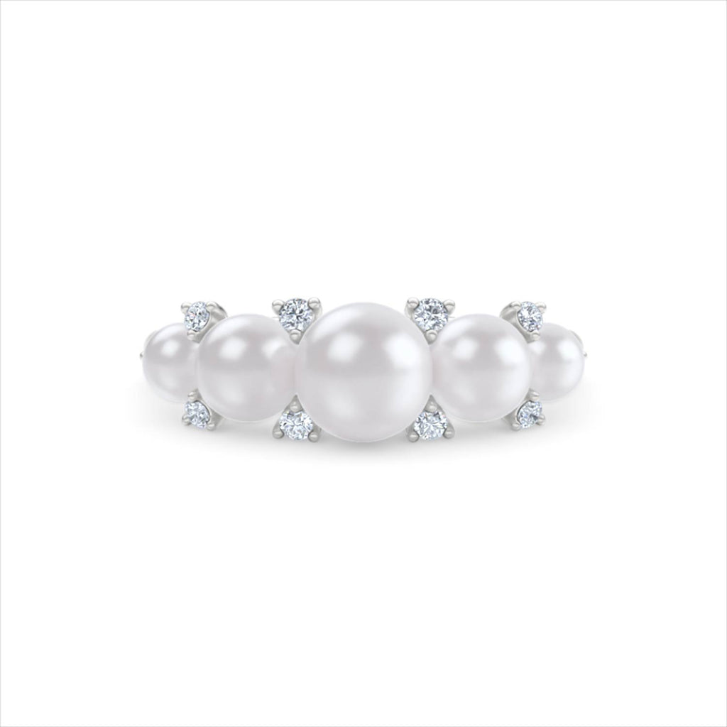 Eden 3mm, 4mm and 5mm Round Pearls and Lab Diamond 5 Stone Ring in Sterling Silver