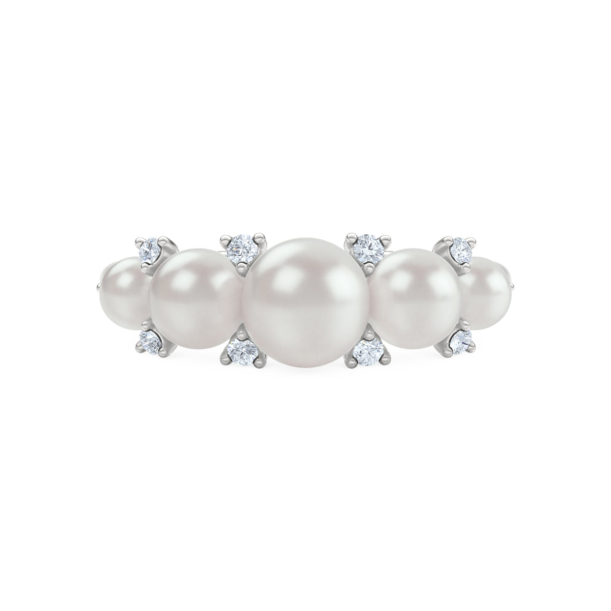Eden 3mm, 4mm and 5mm Round Pearls and Lab Diamond 5 Stone Ring in Sterling Silver