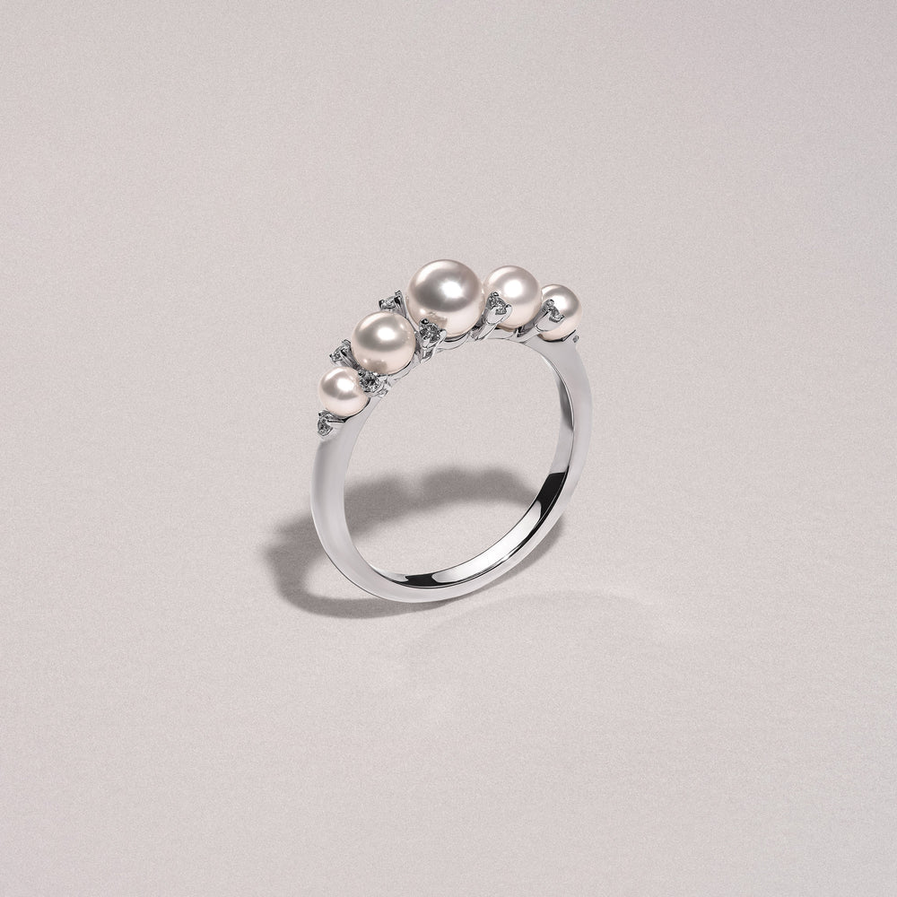 Eden 3mm, 4mm and 5mm Round Pearls and Lab Diamond 5 Stone Ring in Sterling Silver