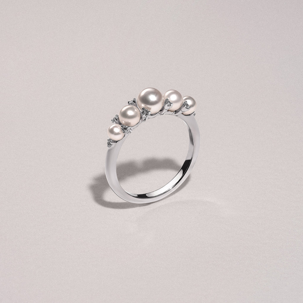 Eden 3mm, 4mm and 5mm Round Pearls and Lab Diamond 5 Stone Ring in Sterling Silver