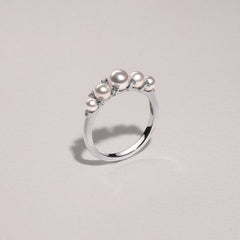 Eden 3mm, 4mm and 5mm Round Pearls and Lab Diamond 5 Stone Ring in Sterling Silver