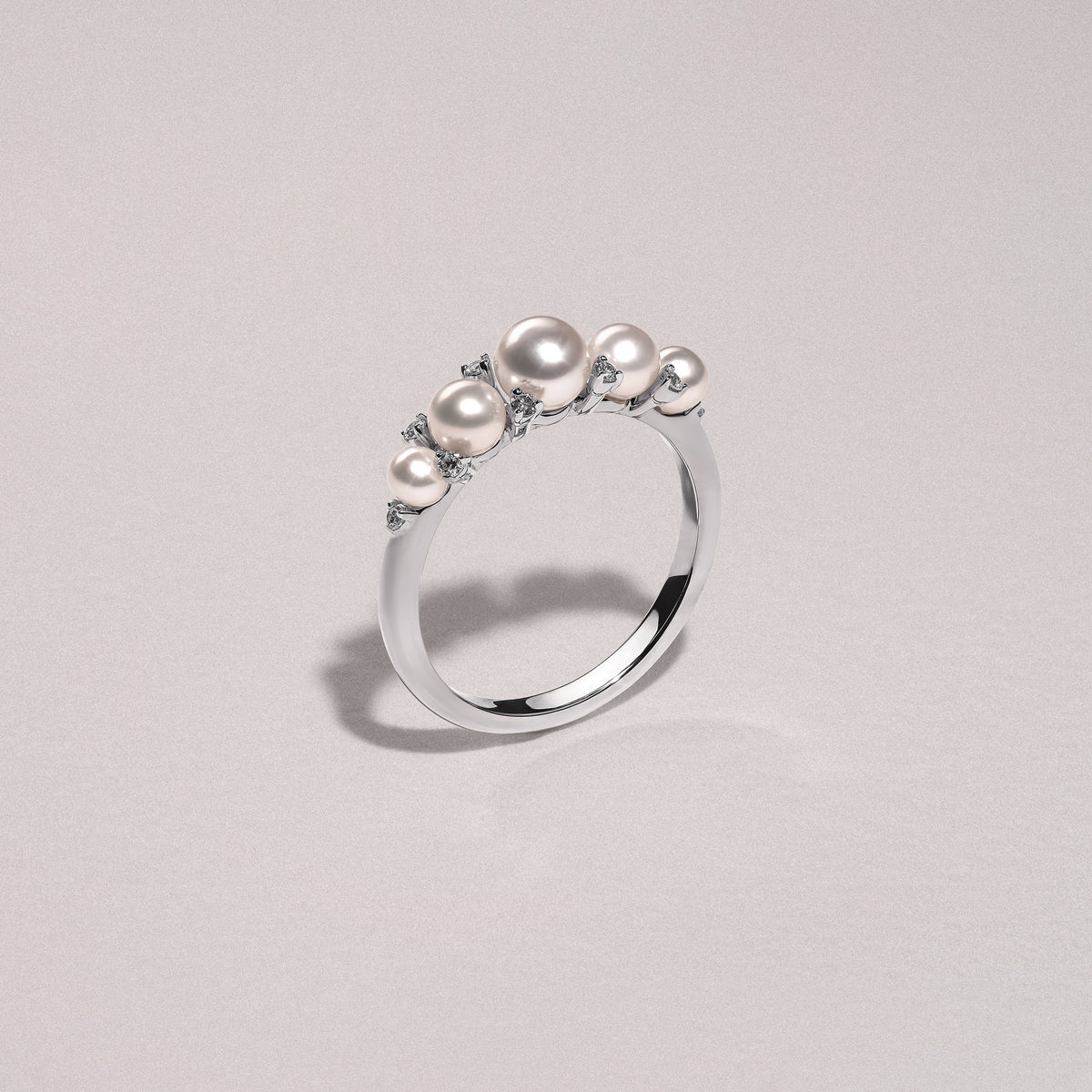 Eden 3mm, 4mm and 5mm Round Pearls and Lab Diamond 5 Stone Ring in Sterling Silver