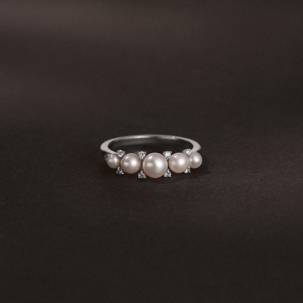 Eden 3mm, 4mm and 5mm Round Pearls and Lab Diamond 5 Stone Ring in Sterling Silver