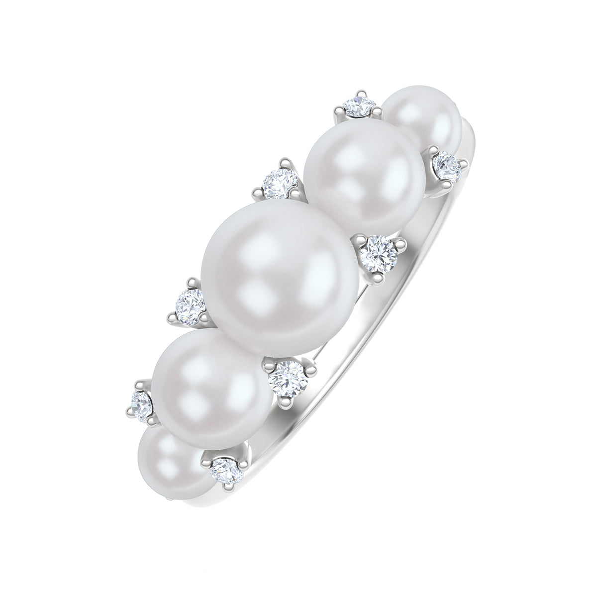 Eden 3mm, 4mm and 5mm Round Pearls and Lab Diamond 5 Stone Ring in Sterling Silver