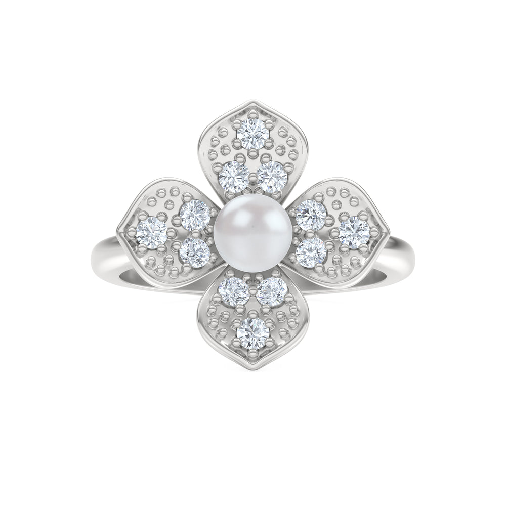 Eden 3mm Round Pearl and Lab Diamond Floral Ring in Sterling Silver