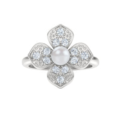 Eden 3mm Round Pearl and Lab Diamond Floral Ring in Sterling Silver