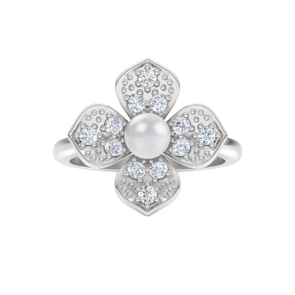 Eden 3mm Round Pearl and Lab Diamond Floral Ring in Sterling Silver