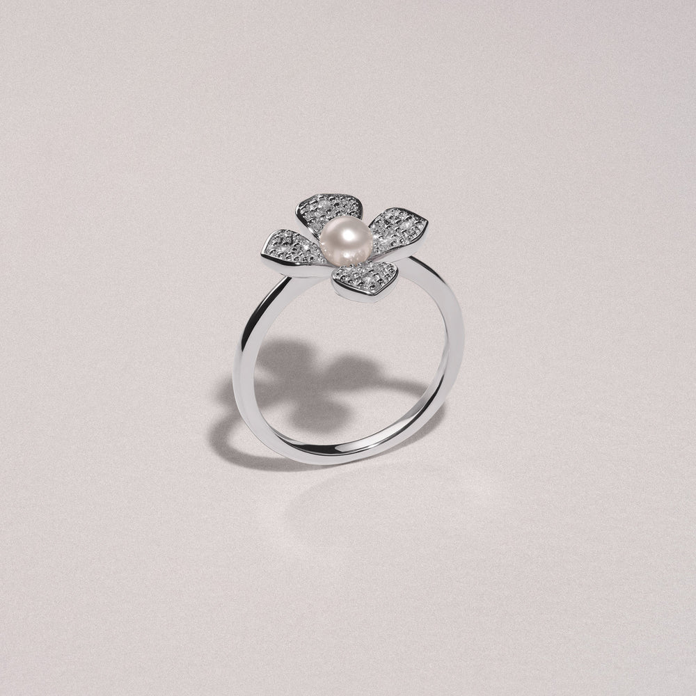 Eden 3mm Round Pearl and Lab Diamond Floral Ring in Sterling Silver