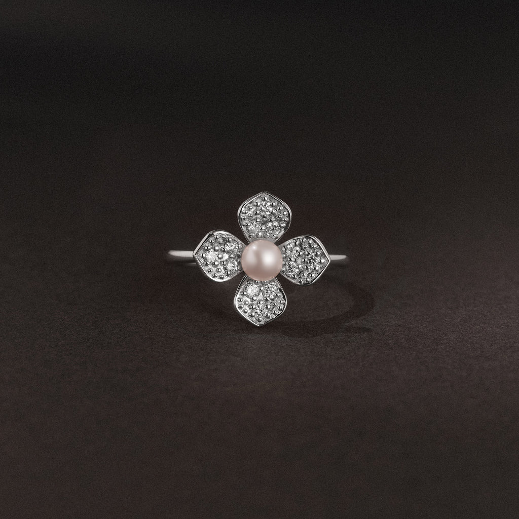 Eden 3mm Round Pearl and Lab Diamond Floral Ring in Sterling Silver