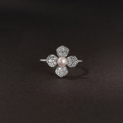 Eden 3mm Round Pearl and Lab Diamond Floral Ring in Sterling Silver