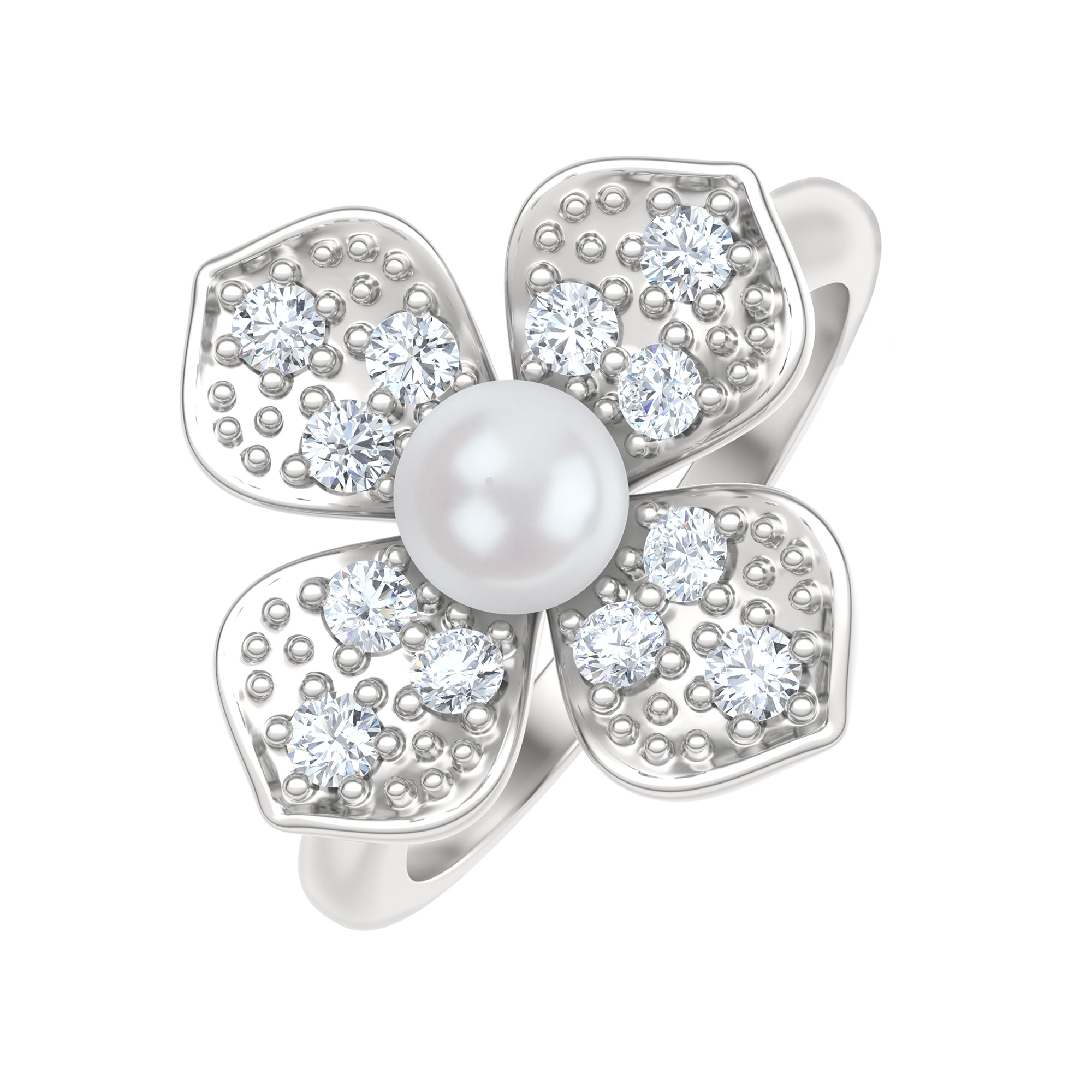 Eden 3mm Round Pearl and Lab Diamond Floral Ring in Sterling Silver