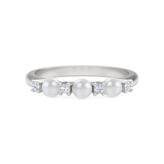 Eden 4mm Round Pearl and Lab Diamond 3 Stone Ring in Sterling Silver