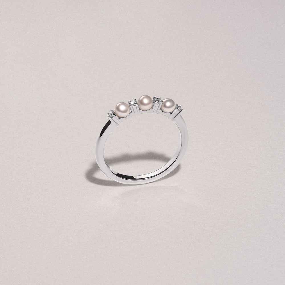 Eden 4mm Round Pearl and Lab Diamond 3 Stone Ring in Sterling Silver