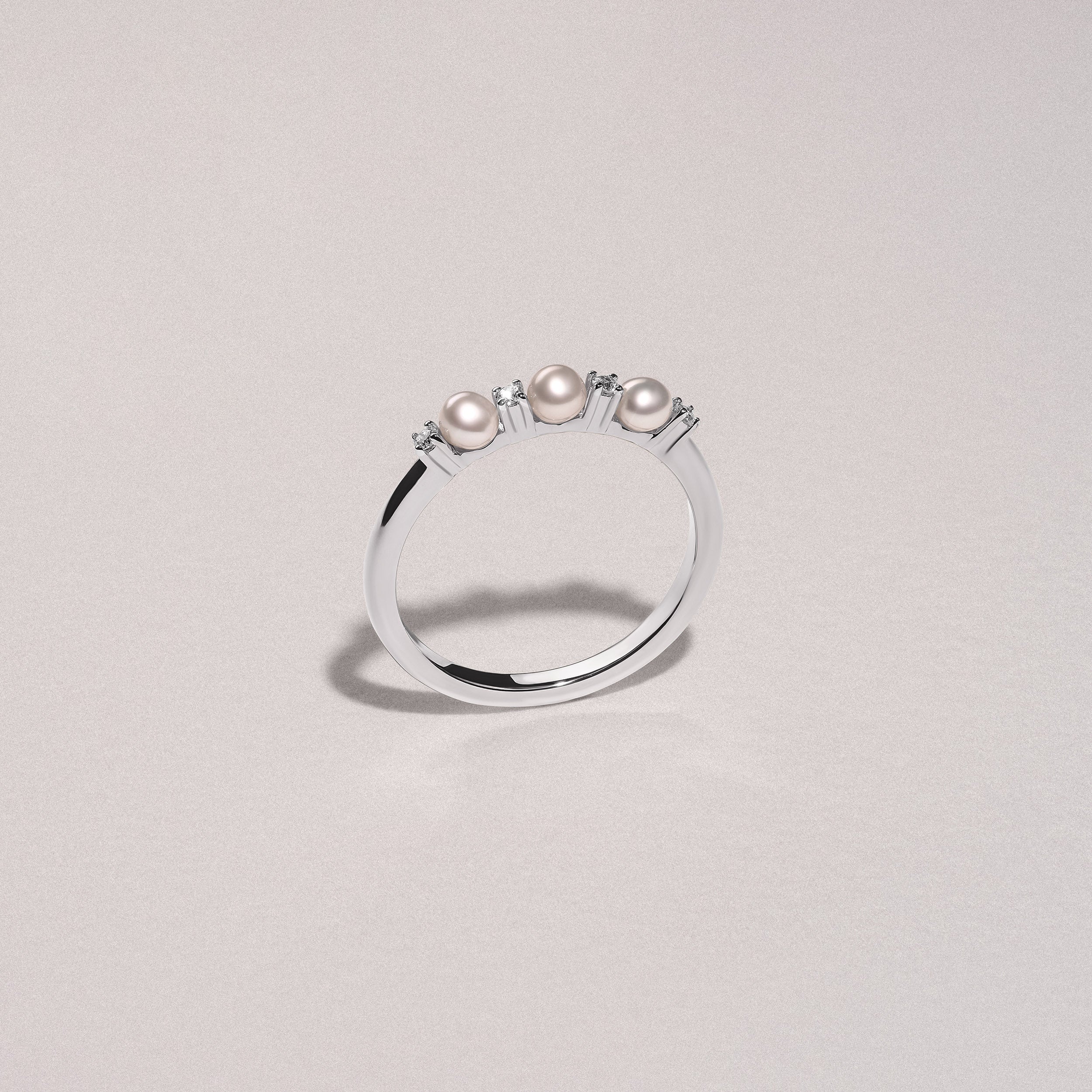 Eden 4mm Round Pearl and Lab Diamond 3 Stone Ring in Sterling Silver