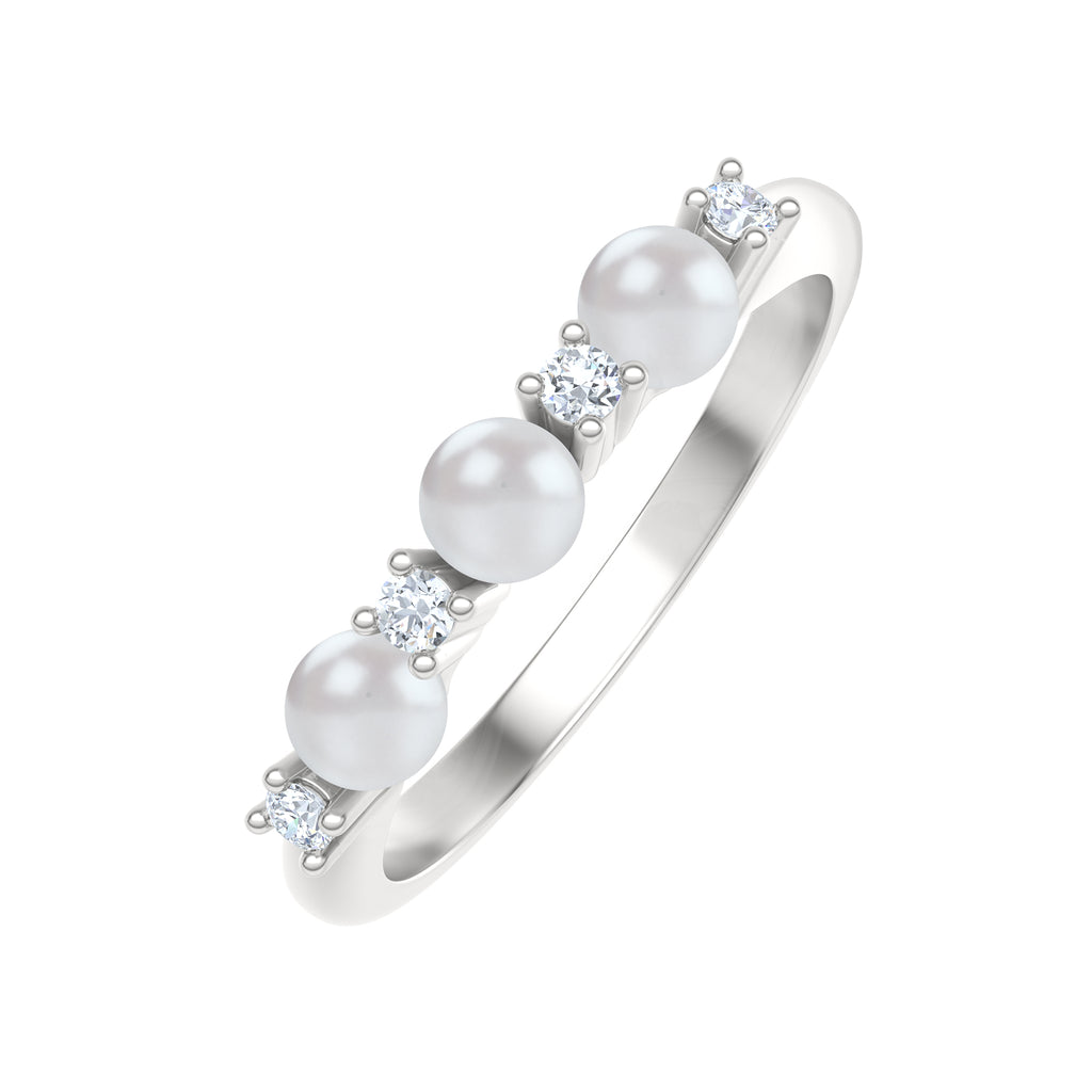 Eden 4mm Round Pearl and Lab Diamond 3 Stone Ring in Sterling Silver