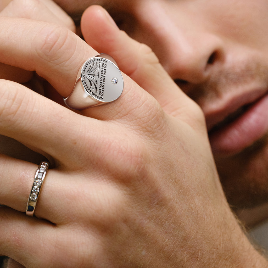Crest 0.03ct Lab Diamond Men's Oval Signet Ring in Sterling Silver