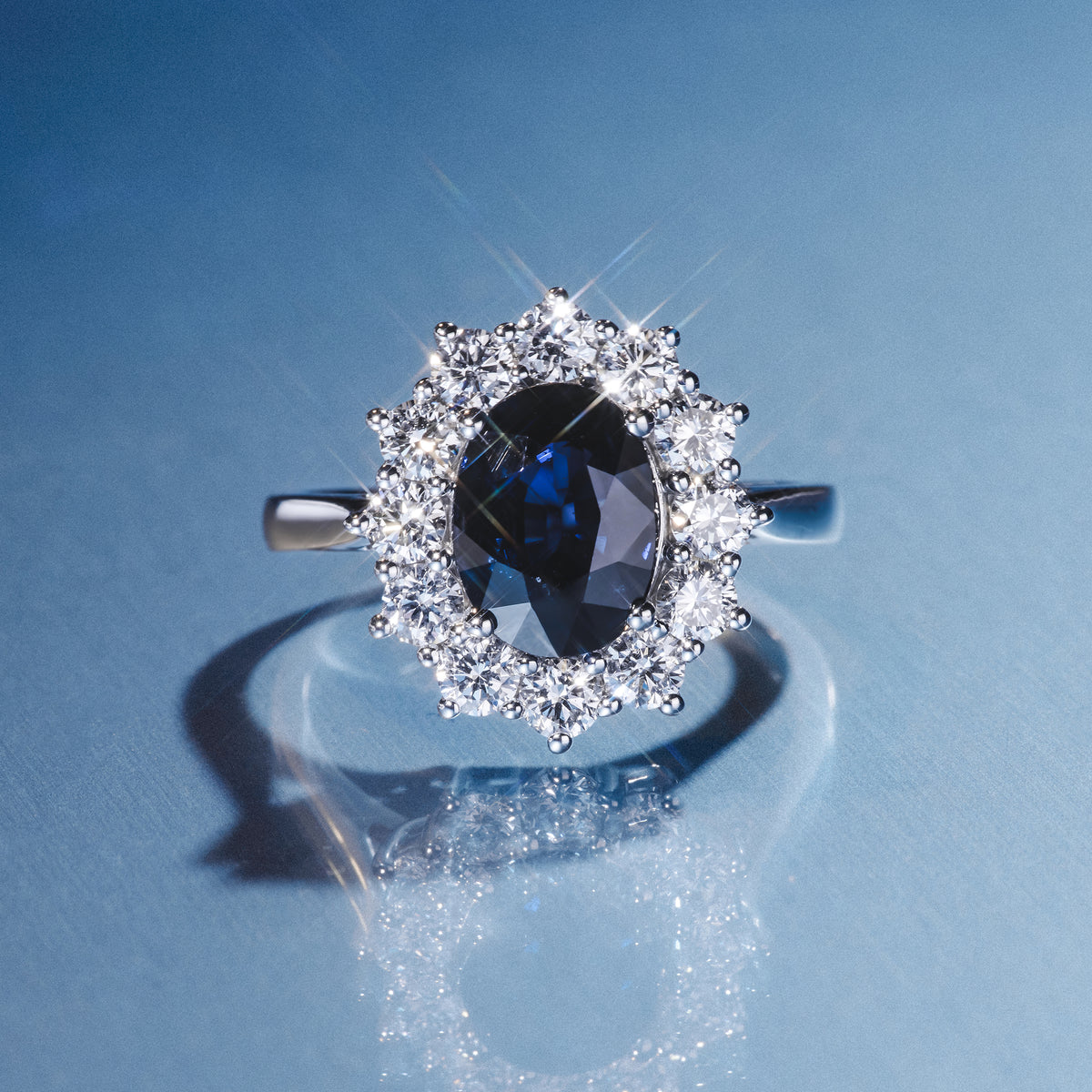 Sapphire 2.3ct And Lab Diamond 1ct Cluster Ring in Platinum