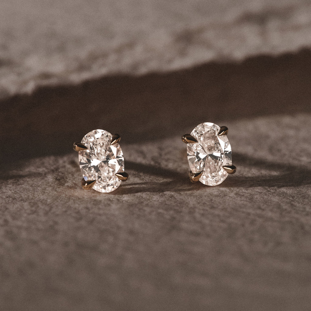 Fancy 1.00ct Oval Cut Lab Diamond Stud Earrings in 18K Yellow Gold