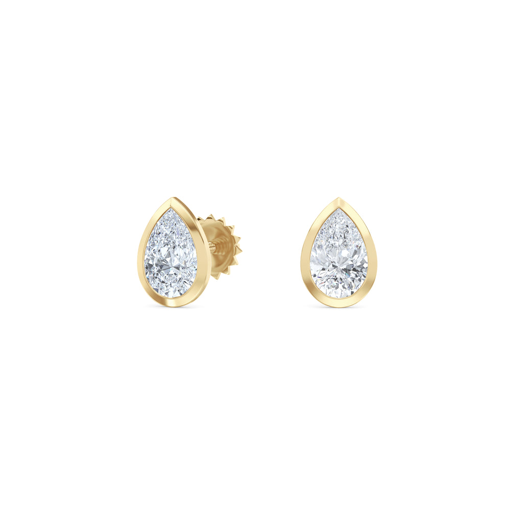 Bezel Set 1.00ct Pear Cut Lab Diamond Stud Earrings in 18K Yellow Gold