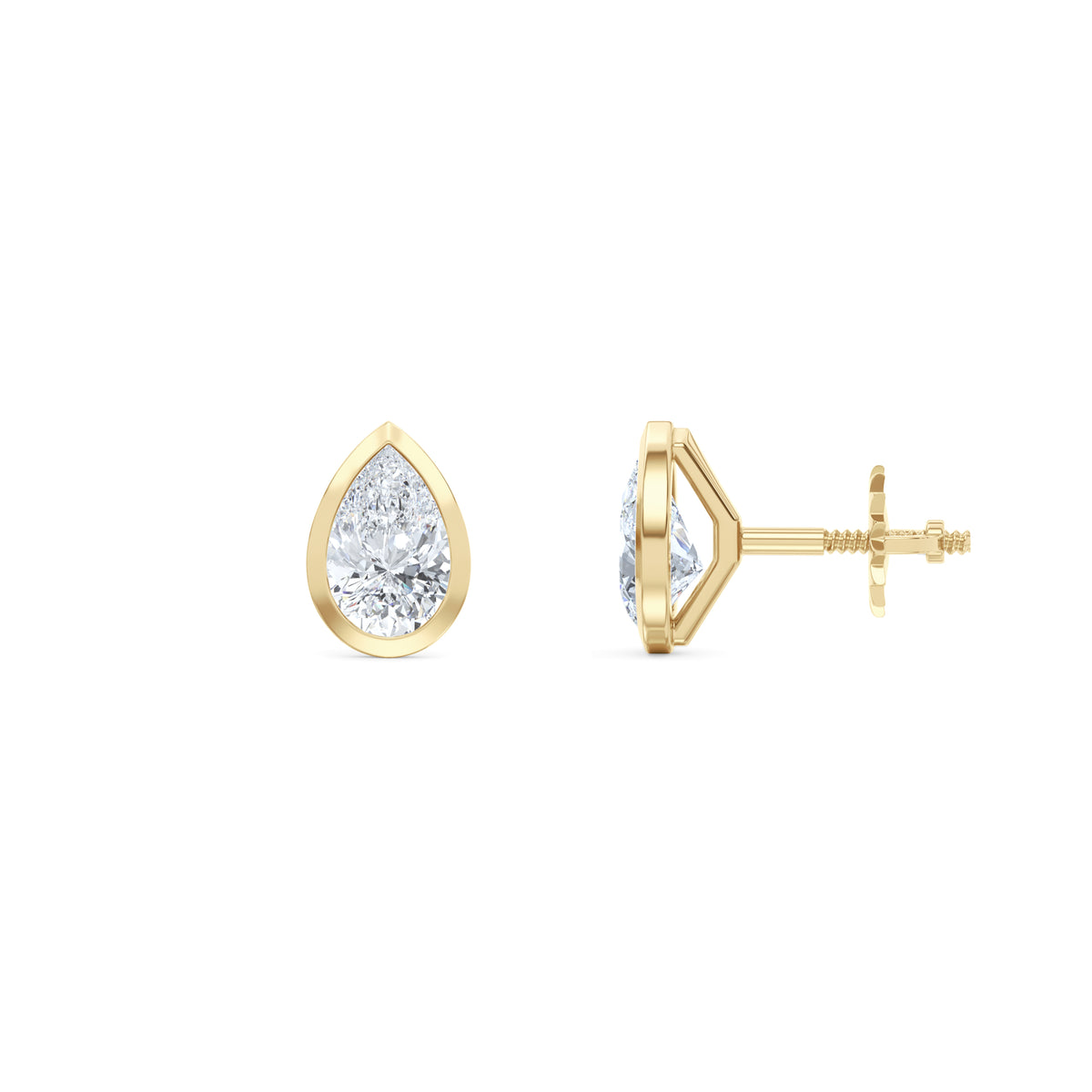Bezel Set 1.00ct Pear Cut Lab Diamond Stud Earrings in 18K Yellow Gold