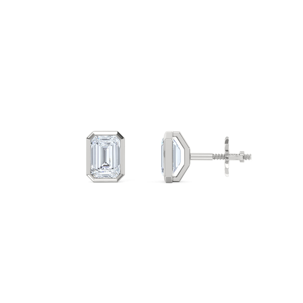 Bezel Set 1.00ct Emerald Cut Lab Diamond Stud Earrings in 18K White Gold