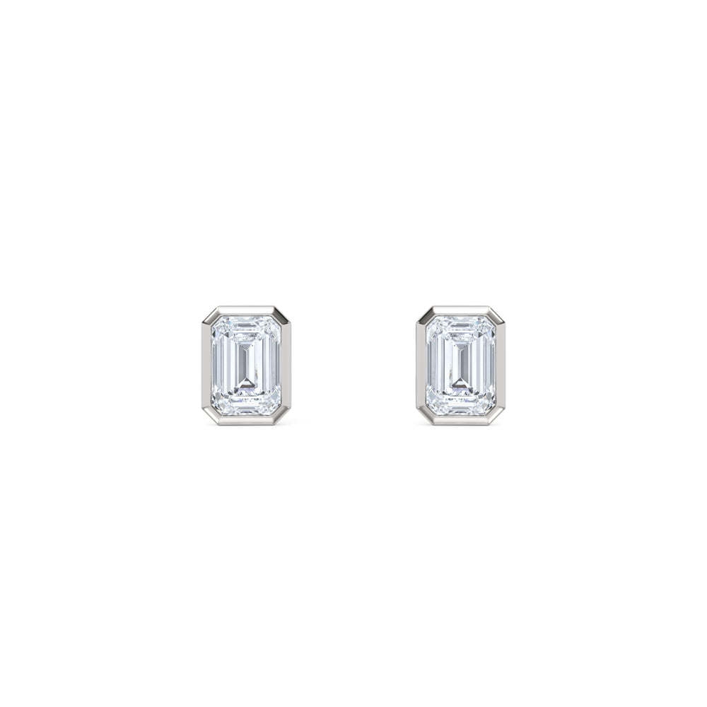 Bezel Set 1.00ct Emerald Cut Lab Diamond Stud Earrings in 18K White Gold