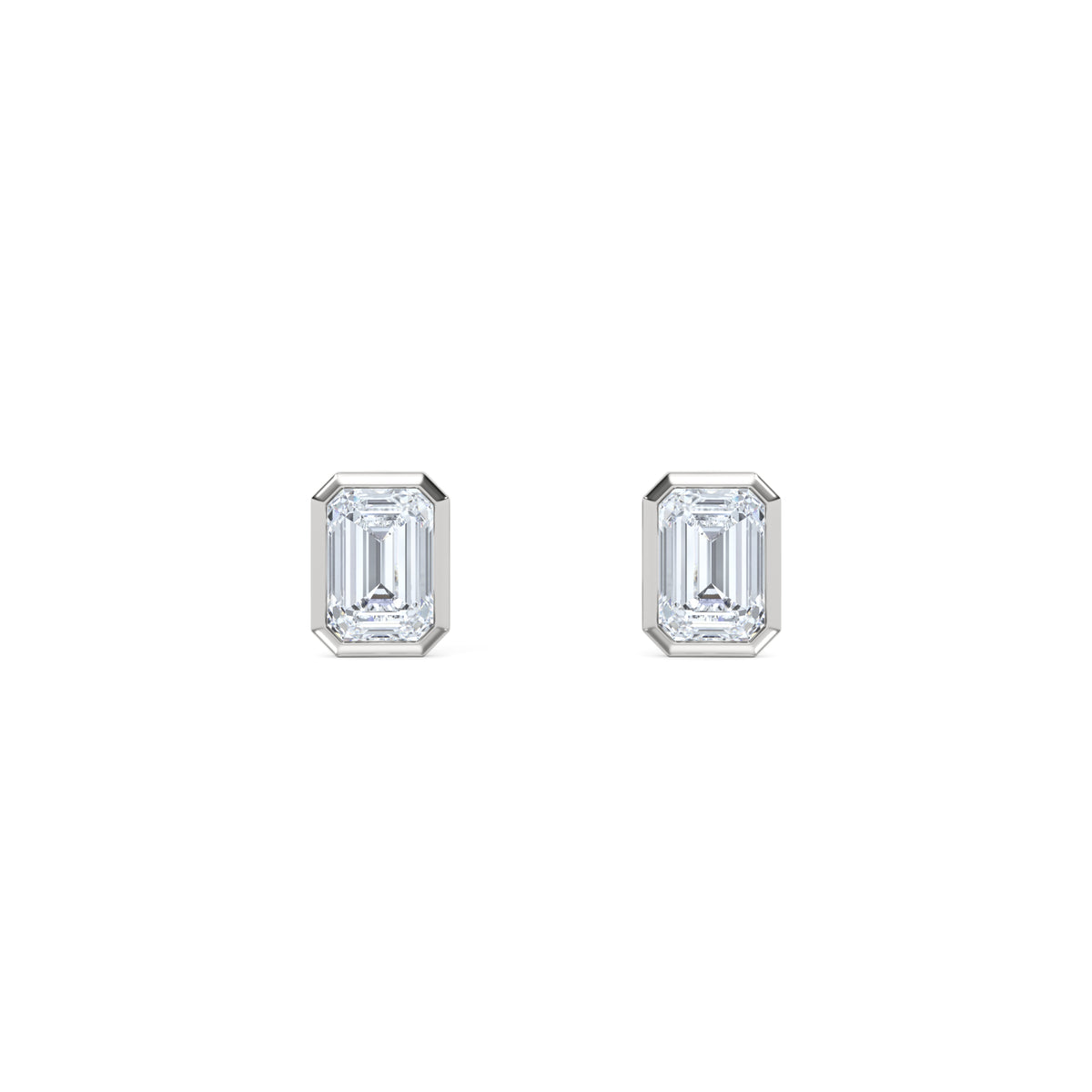 Bezel Set 1.00ct Emerald Cut Lab Diamond Stud Earrings in 18K White Gold