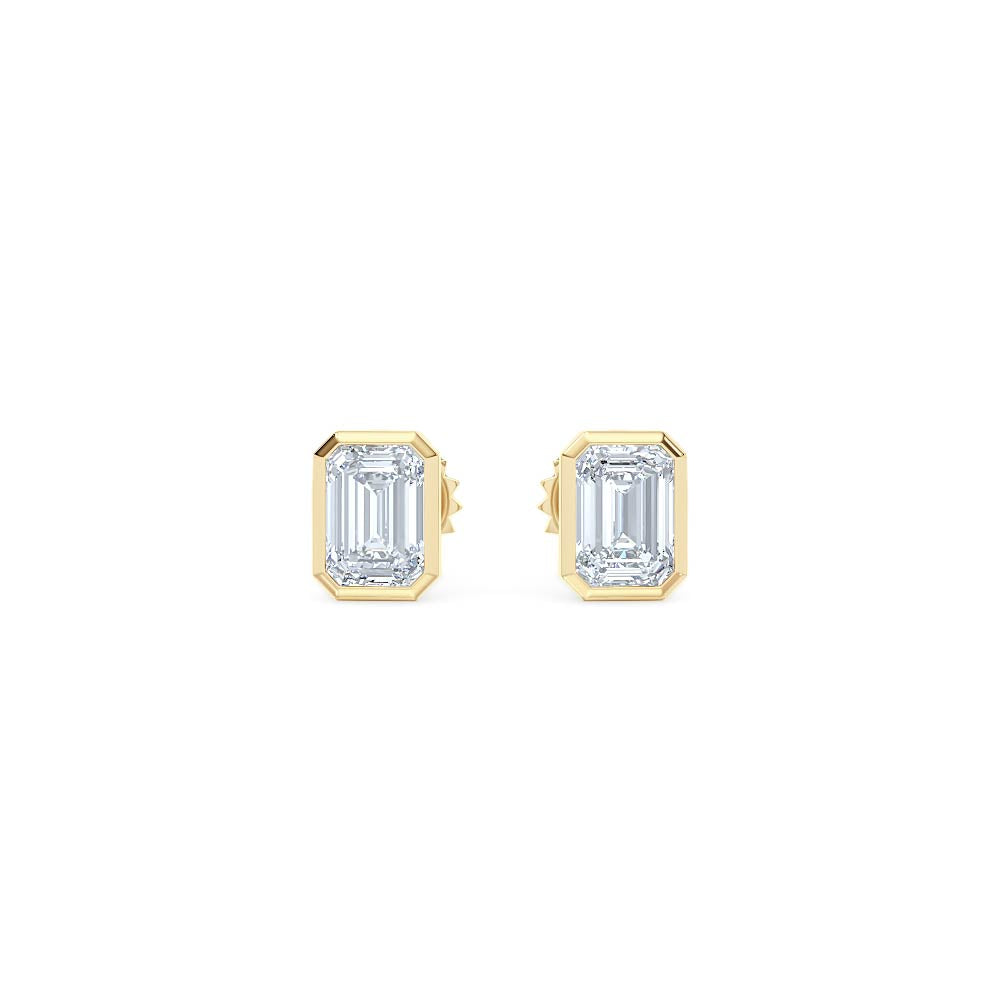 Bezel Set 1.00ct Emerald Cut Lab Diamond Stud Earrings in 18K Yellow Gold