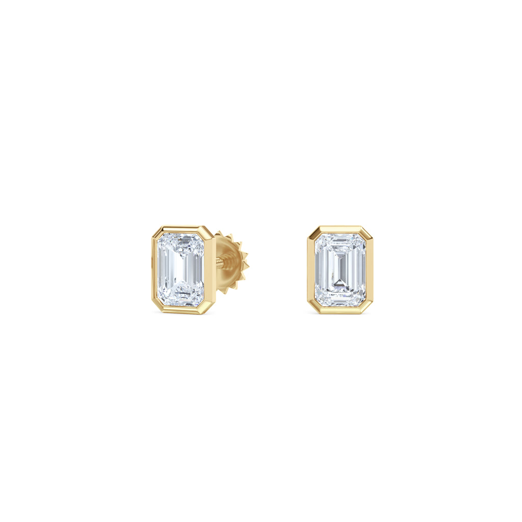 Skyline Bezel Set 1.00ct Emerald Cut Lab Diamond Stud Earrings in 18K Yellow Gold