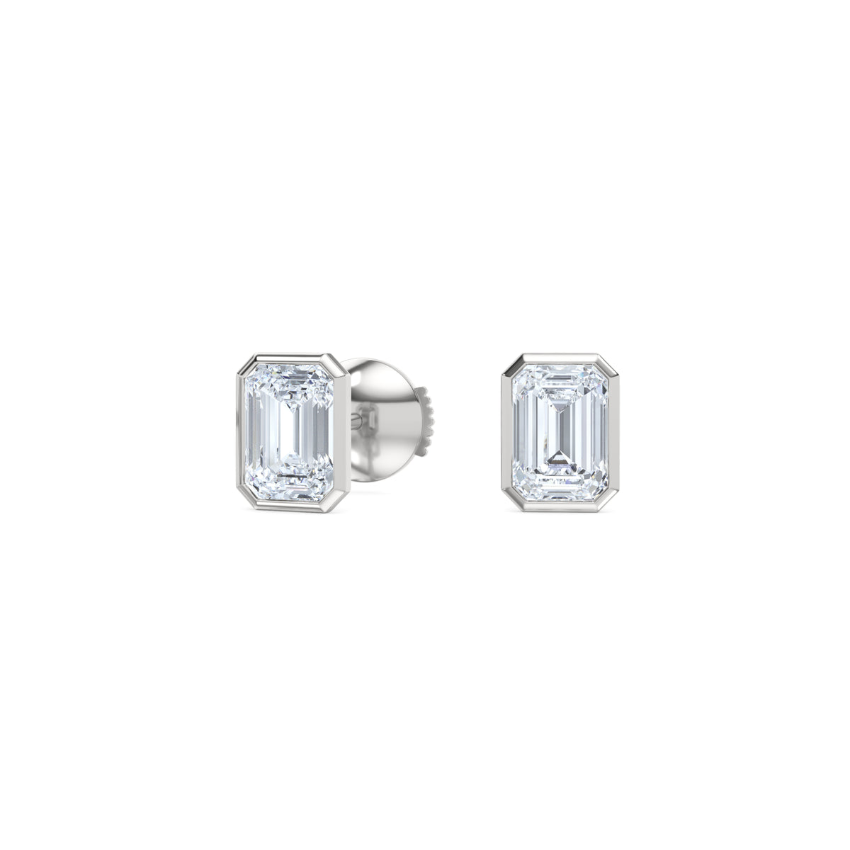 Bezel Set 2.00ct Emerald Cut Lab Diamond Stud Earrings in 18K White Gold