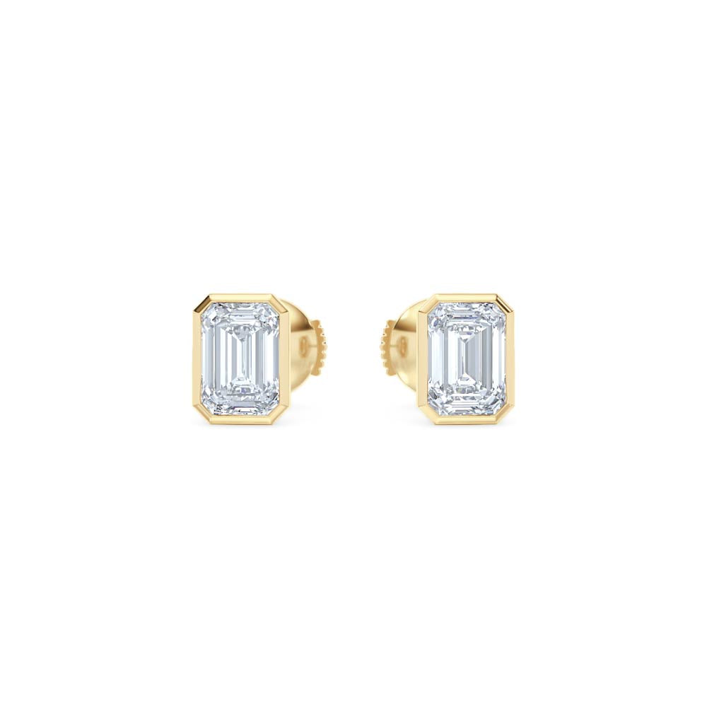 Bezel Set 2.00ct Emerald Cut Lab Diamond Stud Earrings in 18K Yellow Gold