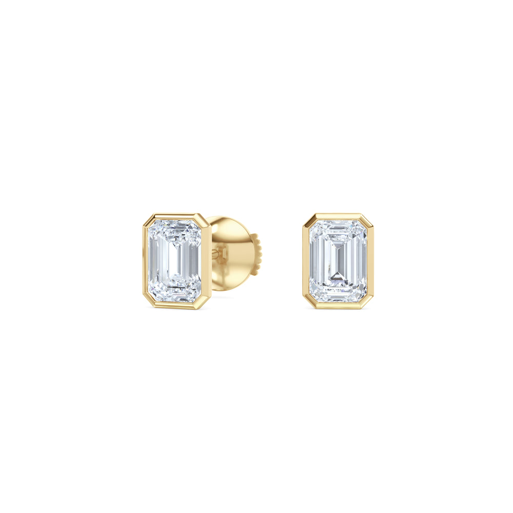 Bezel Set 2.00ct Emerald Cut Lab Diamond Stud Earrings in 18K Yellow Gold