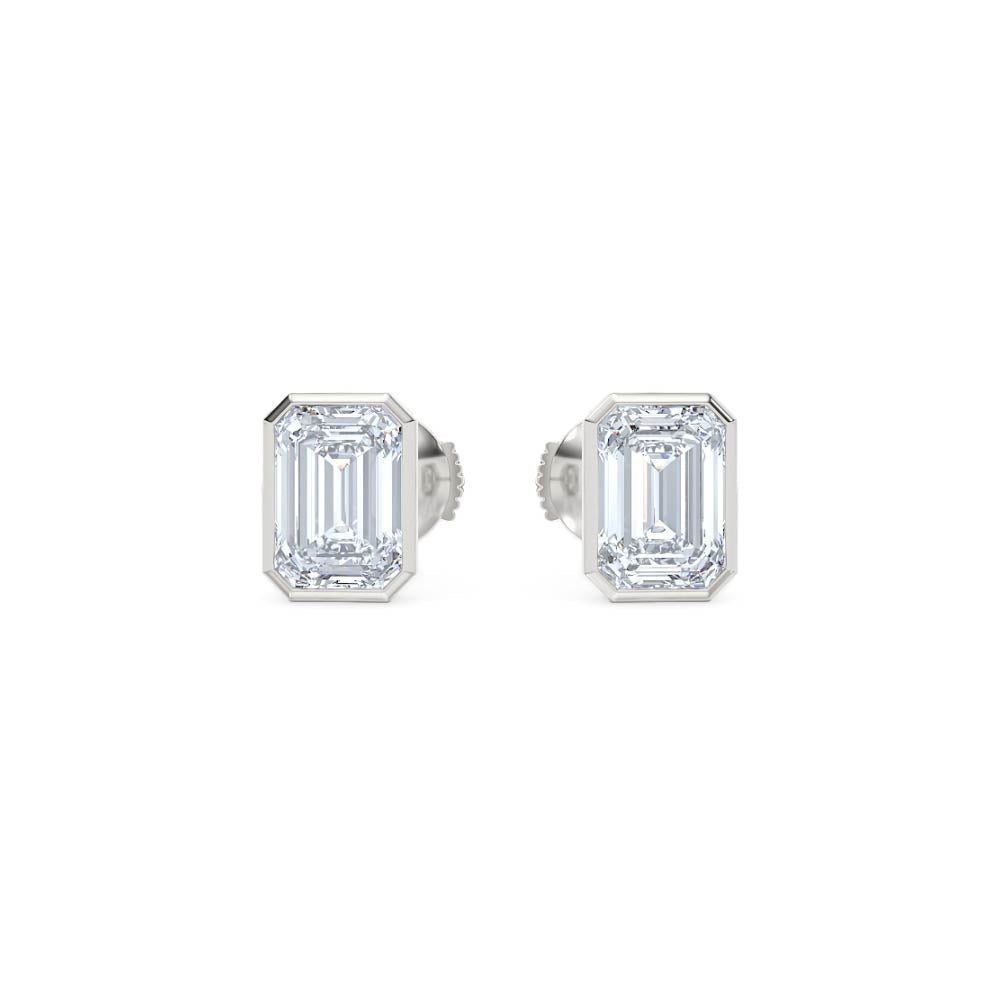 Bezel Set 3.00ct Emerald Cut Lab Diamond Stud Earrings in 18K White Gold