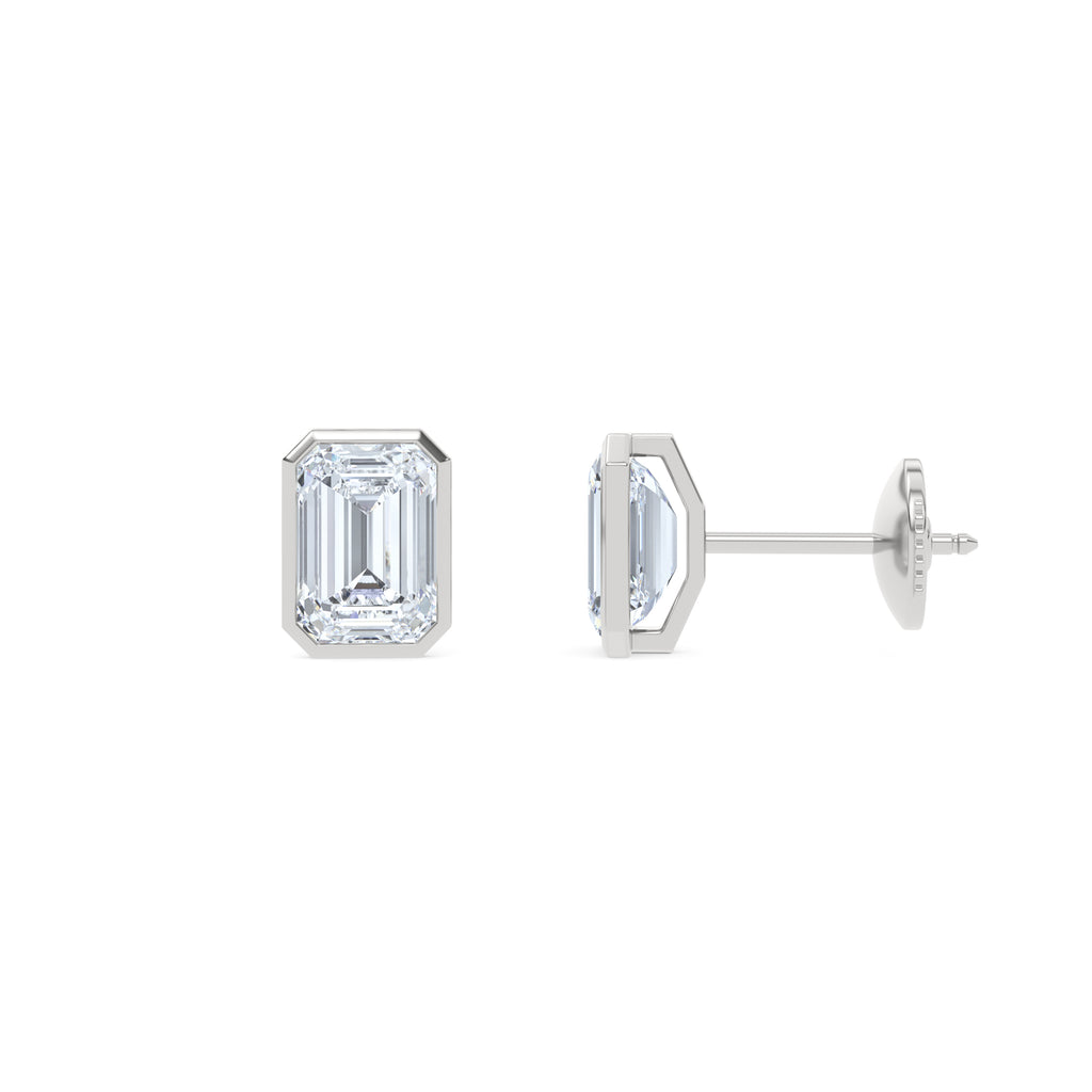 Skyline Bezel Set 3.00ct Emerald Cut Lab Diamond Stud Earrings in 18K White Gold