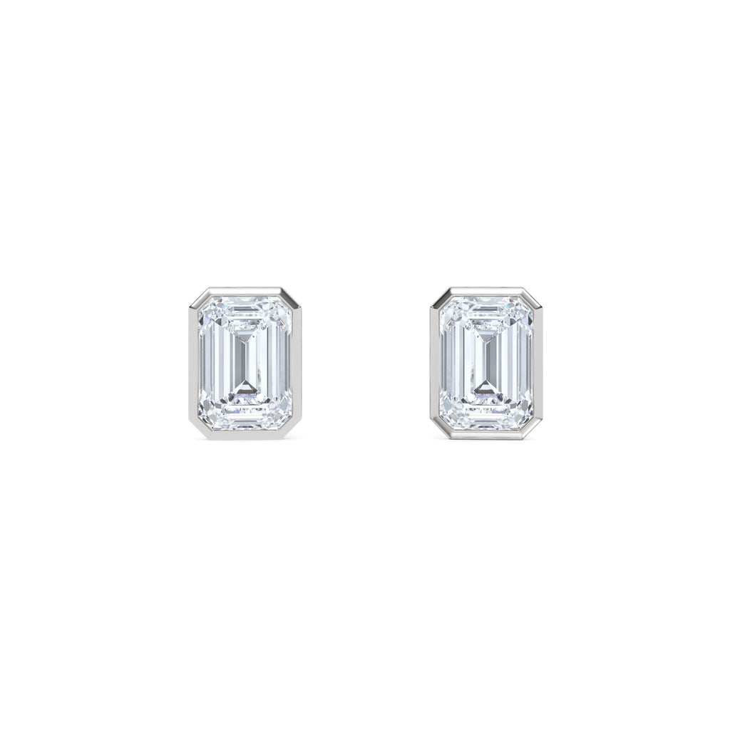 Skyline Bezel Set 3.00ct Emerald Cut Lab Diamond Stud Earrings in 18K White Gold