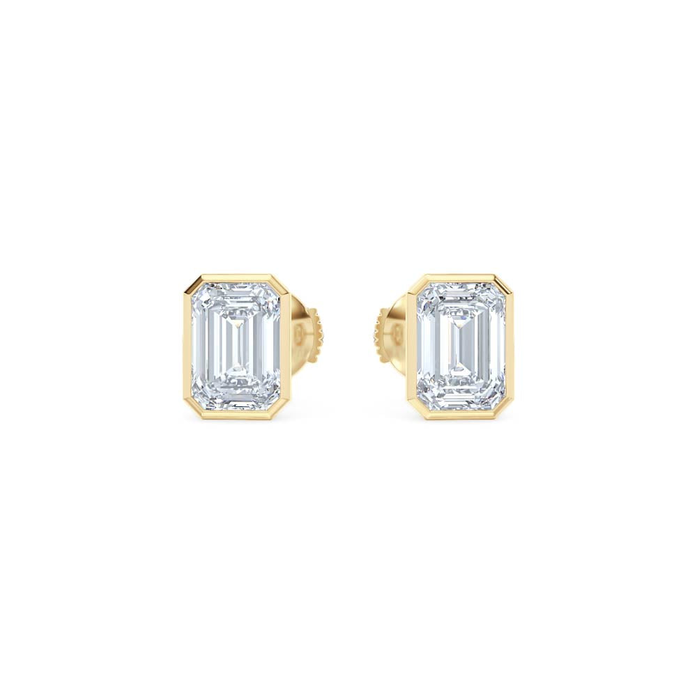Bezel Set 3.00ct Emerald Cut Lab Diamond Stud Earrings in 18K Yellow Gold