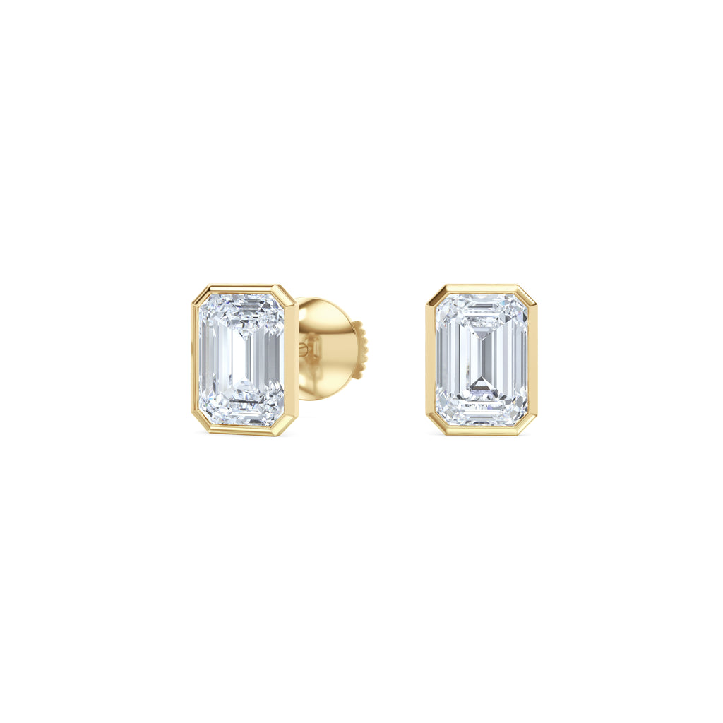 Skyline Bezel Set 3.00ct Emerald Cut Lab Diamond Stud Earrings in 18K Yellow Gold