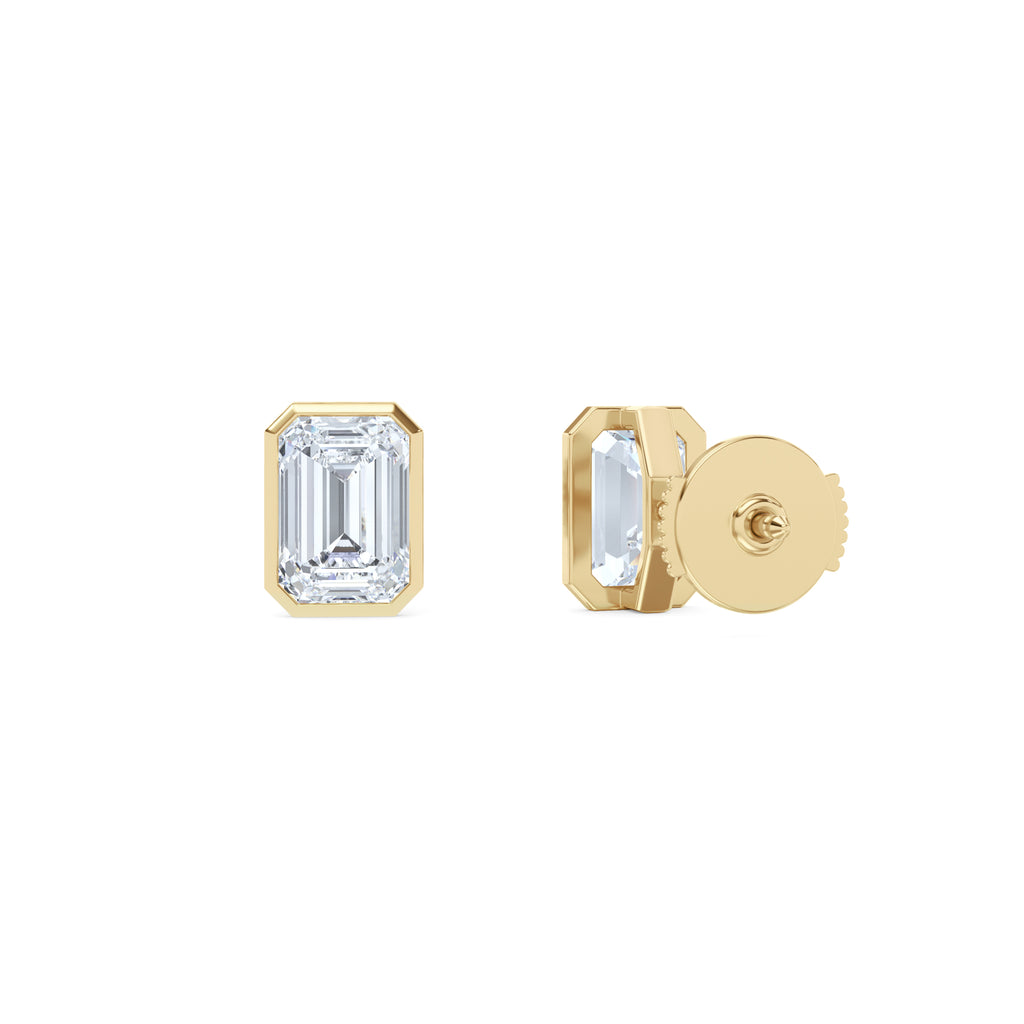 Skyline Bezel Set 3.00ct Emerald Cut Lab Diamond Stud Earrings in 18K Yellow Gold