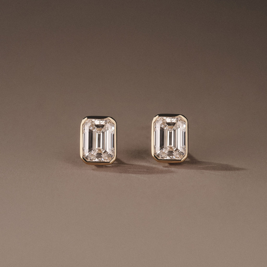 Skyline Bezel Set 3.00ct Emerald Cut Lab Diamond Stud Earrings in 18K Yellow Gold