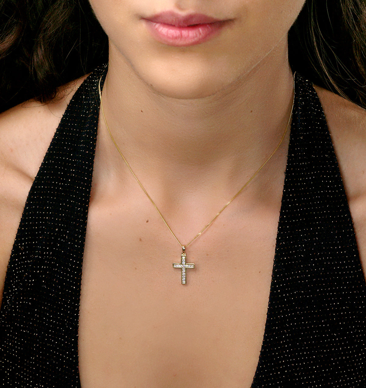Lab Diamond Cross Pendant Necklace Channel Set 0.25ct H/Si in 9K Gold