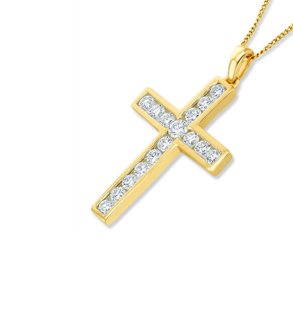 Lab Diamond Cross Pendant Necklace Channel Set 0.25ct H/Si in 9K Gold