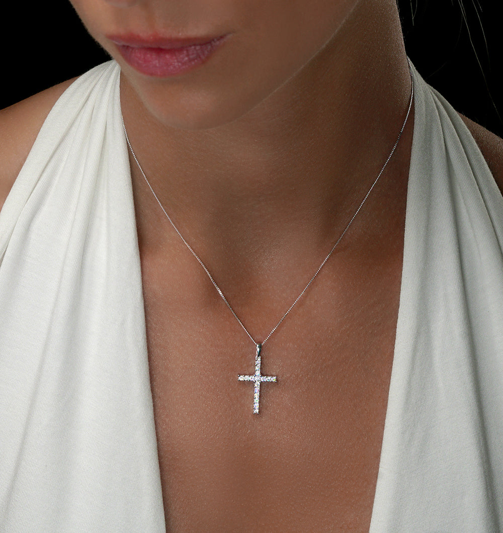 Lab Diamond Cross Pendant Necklace Claw Set 0.50ct H/Si 9K White Gold