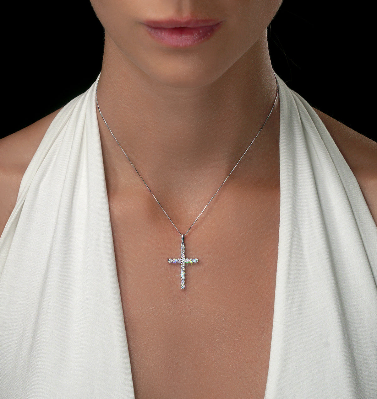1.00ct Lab Diamond Cross Necklace Claw Set H/Si in 9K White Gold
