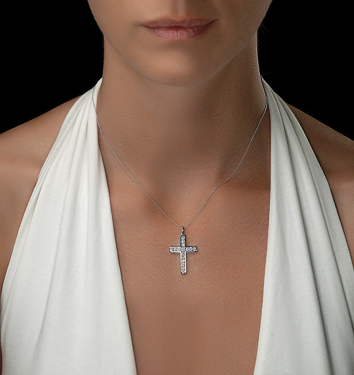 1ct Lab Diamond Cross Necklace Pendant H/Si Channel Set 9K White Gold