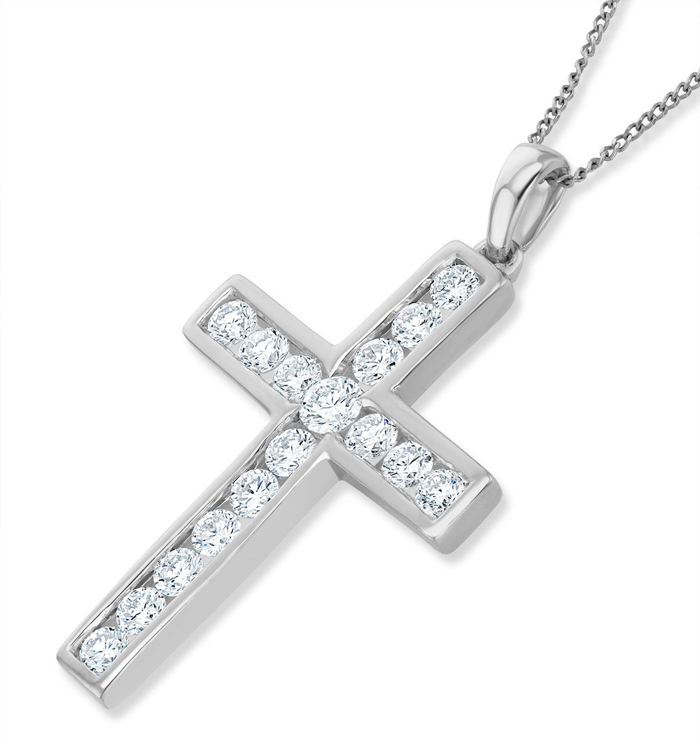 1ct Lab Diamond Cross Necklace Pendant H/Si Channel Set 9K White Gold