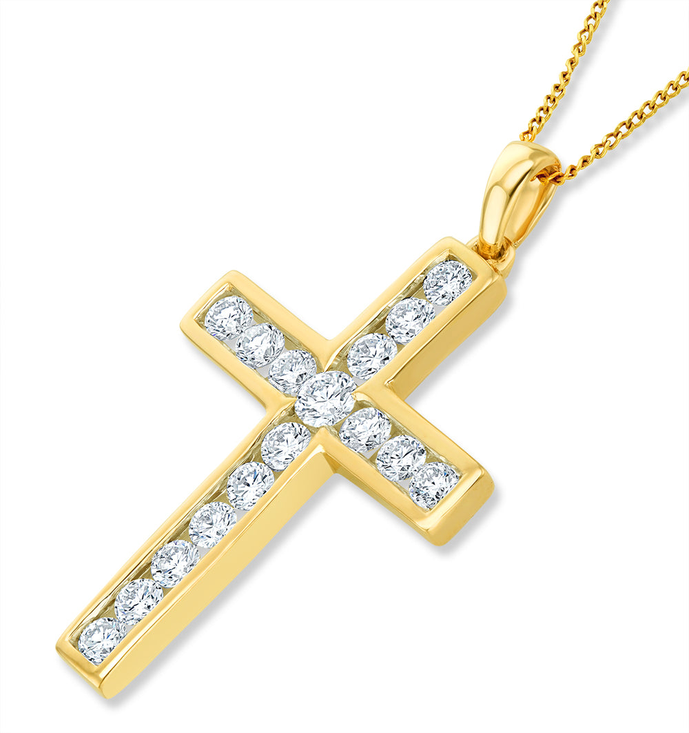 1ct Lab Diamond Cross Necklace Pendant H/Si Channel Set in 9K Gold