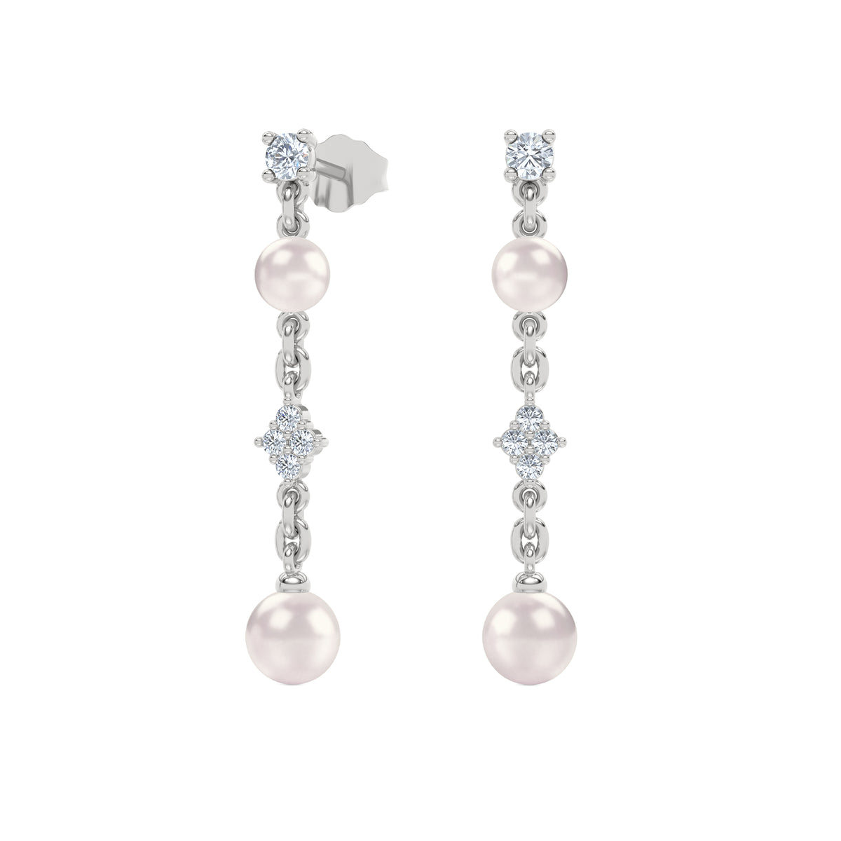 Eden 4mm and 5mm Round Pearls and Lab Diamond Drop Earrings in Sterling Silver